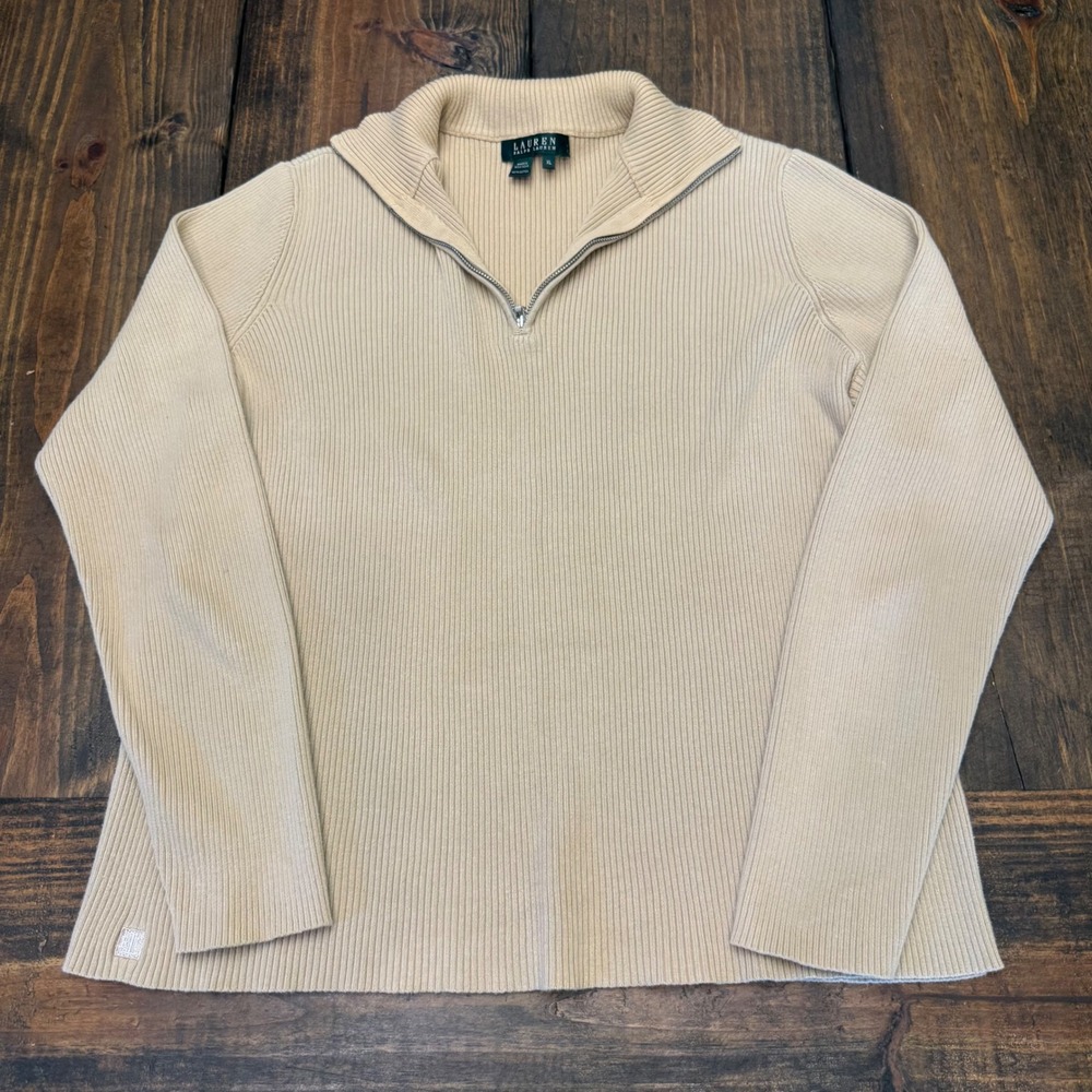 Lauren‎ Ralph Lauren Womens XL Beige Ribbed 100% Cotton Quarter Zip Sweater Tan